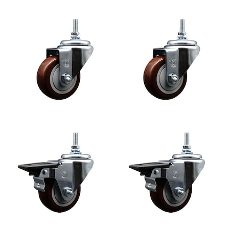 Service Caster 3 Inch Maroon Polyurethane 12 MM Threaded Stem Caster Set 2 Brakes SCC SCC-TS20S314-PPUB-MRN-M1215-2-PLB-2